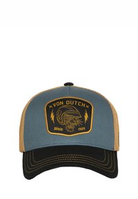 Gorra camionera azul y beige con visera negra, con un parche bordado amarillo de una pantera y rayos, hecha de algodón y malla.