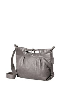 Grijze leren handtas met een opklapbaar ontwerp, voorzien van een bovenhandgreep, een verstelbare schouderband en subtiele stiksels.
