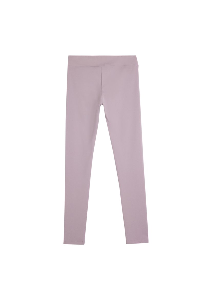 Leggings lilla chiaro con un tessuto morbido e elasticizzato, vita alta e design aderente. Nessun motivo o dettaglio visibile.