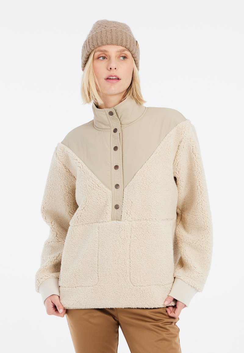 Fleece pullover in crème met een tan-kleurige kraag en knoopsluiting. Voorzien van een kangaroo pocket en een gestructureerde stof voor warmte.