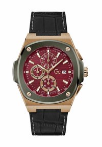 Orologio cronografo con quadrante bordeaux, dettagli dorati, lancette argentate e cinturino in pelle nera. Presenta tre sotto-quadranti e scala tachimetrica.