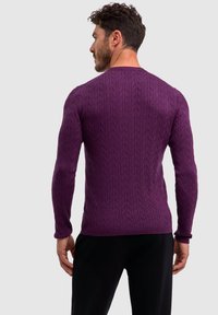 Maglione lavorato a maglia viola con un motivo a treccia testurizzato, maniche lunghe e scollo a girocollo, indossato con pantaloni scuri.