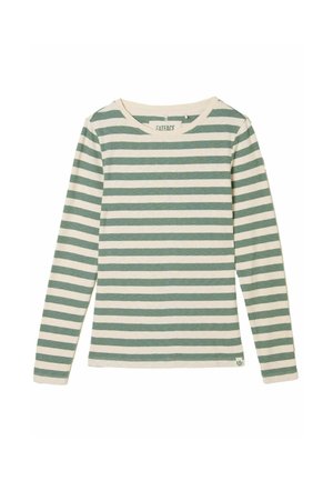 Long-sleeve shirt made of soft cotton, featuring horizontal light green and cream stripes, with a round neckline and a small logo at the hem.