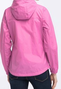 Růžová, lehká, vodoodpudivá bunda s kapucí, dlouhými rukávy, elastickými manžetami a rovnými lemy. Texturovaný povrch s minimem švů.