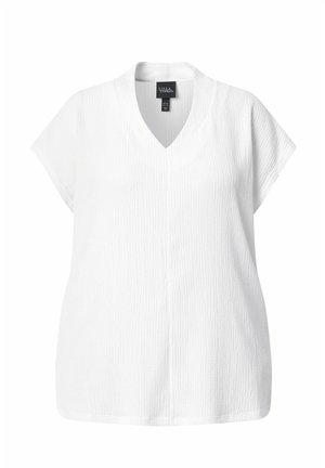 Witte, gestructureerde blouse met korte mouwen, V-hals en losse pasvorm, ontworpen voor casual of professioneel gebruik.