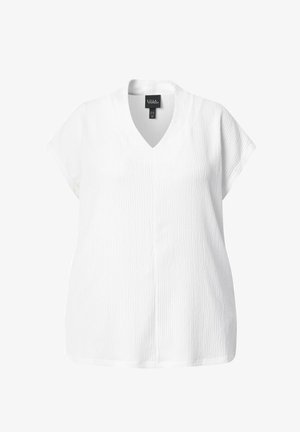 Blusa bianca a maniche corte con texture, scollo a V e vestibilità ampia, progettata per un uso casual o professionale.
