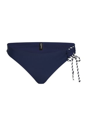 Donji dio bikinija tamnoplave boje s glatkom teksturom, s bočnom vezicom u bijelo-plavom pletenom uzorku. Minimalistički dizajn.