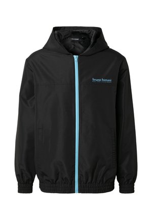Schwarze Kapuzenjacke mit hellblauem Reißverschluss und "bruno banani" Logo auf der Brust, mit elastischen Bündchen und Saum.