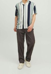 Kurzärmliges gestreiftes Hemd in Hellgrün, Marineblau und Creme; kombiniert mit dunkelgrauer Hose und weißen Sneakers. Baumwollstoff, lockere Passform.