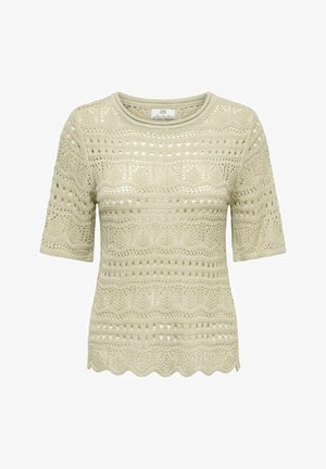 Světlý zelený pletený top s texturovaným průřezovým vzorem, krátkými rukávy a vroubkovaným lemem. Na štítku je nápis "JDY".