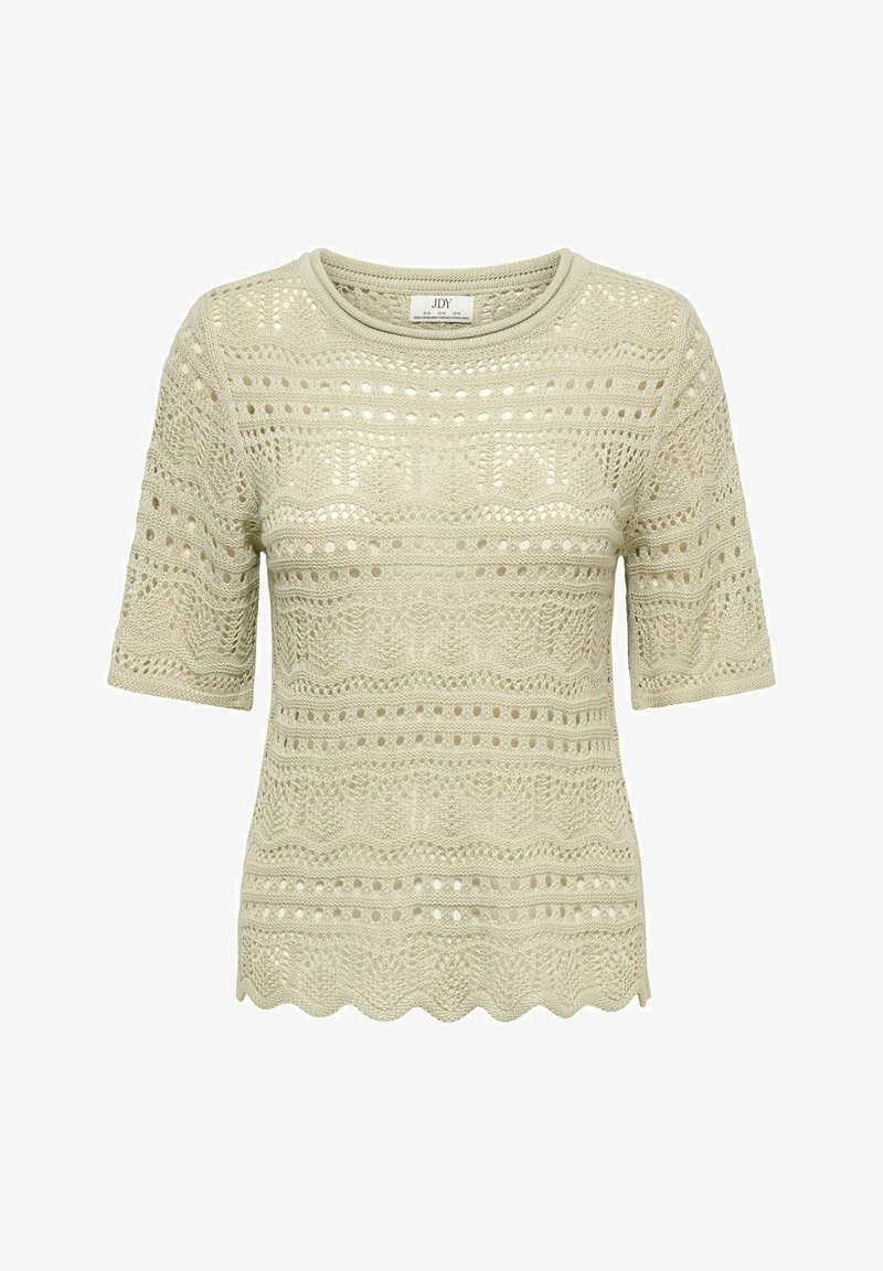 Haut en maille vert clair présentant un motif ajouré texturé, avec des manches courtes et un ourlet festonné. L'étiquette indique "JDY".