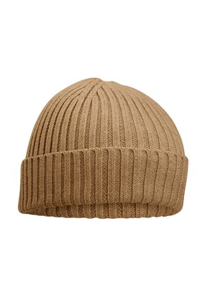 Knitted brown beanie hat with vertical ribbing texture, featuring a turn-up cuff at the base for a snug fit.