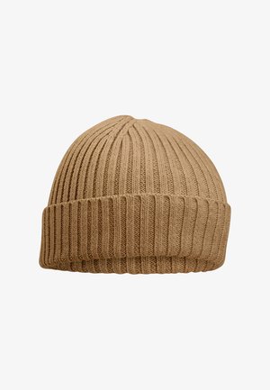 Knitted brown beanie hat with vertical ribbing texture, featuring a turn-up cuff at the base for a snug fit.