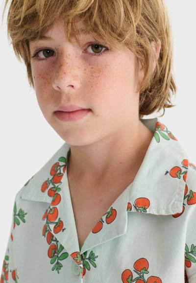 Enfant aux cheveux châtain clair et tâches de rousseur portant une chemise bleu clair ornée de motifs de tomates rouges et de feuilles vertes.