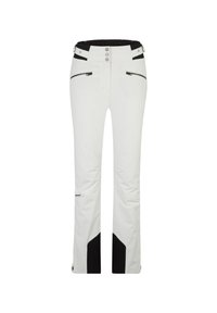 Pantalones de esquí blancos con acentos negros, que presentan una cintura ajustada, bolsillos con cremallera y un diseño de pierna recta. Textura suave con material duradero.