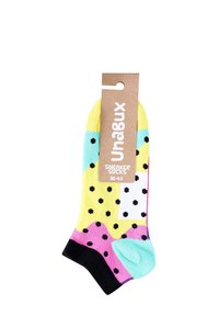 Farverige sneakersokker i gul, pink, blå og sort med polka prikker og et mønsterdesign. Inklusive en paplabel med brandnavn.