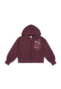 Felpa con zip color borgogna, dotata di cappuccio, con motivi floreali e geometrici ricamati sul lato sinistro. Realizzata in tessuto morbido.