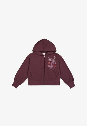 Diep rode zip-up hoodie met een capuchon, voorzien van decoratieve geborduurde bloemen- en geometrische patronen aan de linkerkant. Gemaakt van zachte stof.