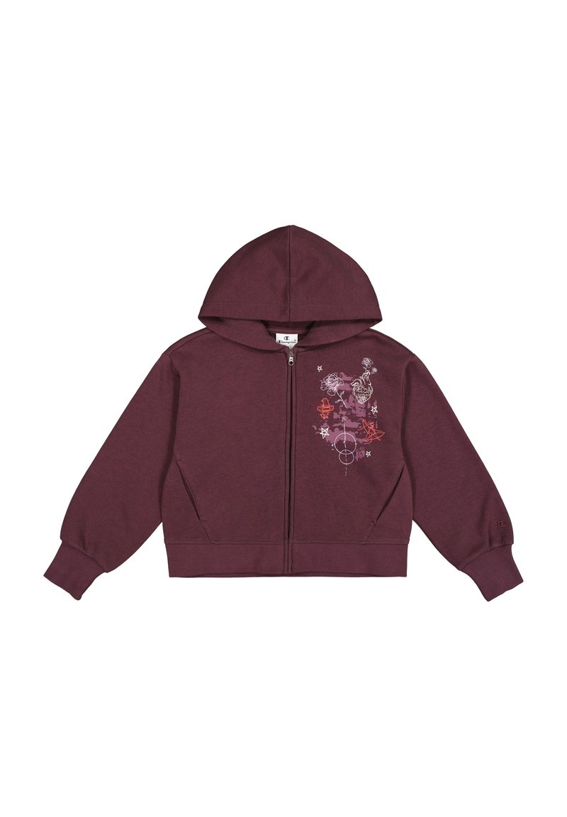 Felpa con zip color borgogna, dotata di cappuccio, con motivi floreali e geometrici ricamati sul lato sinistro. Realizzata in tessuto morbido.