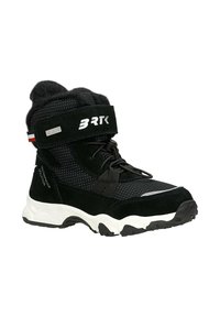 Zwarte enkelboots met een textuur van suède en mesh, voorzien van een klittenbandsluiting, ronde neus en een contrasterende witte zool.