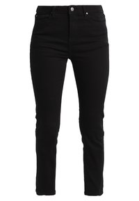 Jeans skinny negros de denim, con cintura alta, cinco bolsillos y herrajes plateados para el botón y las remaches.