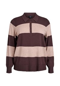 Brun og beige stribet pullover med krave, knaplukning ved halsen, løs pasform og ribbede manchetter. Lavet af blødt, tekstureret stof.