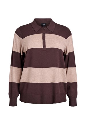 Pull marron et beige à rayures avec un col, un col montant à boutons, une coupe ample et des poignets côtelés. Fabriqué en tissu doux et texturé.
