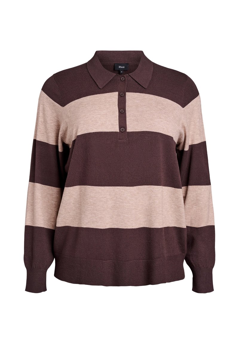 Brun og beige stribet pullover med krave, knaplukning ved halsen, løs pasform og ribbede manchetter. Lavet af blødt, tekstureret stof.