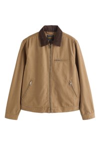 Veste marron à fermeture éclair avec col en velours côtelé marron foncé, deux poches zippées avant et une poche zippée sur la poitrine, présentée sur fond blanc.