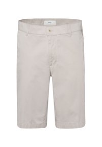 Světle béžové pánské šortky do kolen s poutky na opasek, předním knoflíkem a zipovým zapínáním, vyrobené z hladkého materiálu.