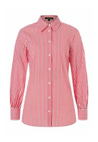 Blauw hemd met lange mouwen, rood en witte verticale strepen, klassieke kraag en knoopsluitingen aan de voorkant en bij de manchet.