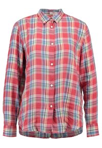 Camisa de cuadros roja con botones y cuello. Presenta un patrón de cuadros multicolores, mangas largas y un dobladillo curvado. Fabricada con tela ligera.