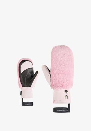 Rosa Handschuhe mit künstlichem Pelz und schwarzen Lederakzenten. Mit einem gerafften Handgelenk und einem verstellbaren Riemen für eine bessere Passform. Weicher Stoff überall.