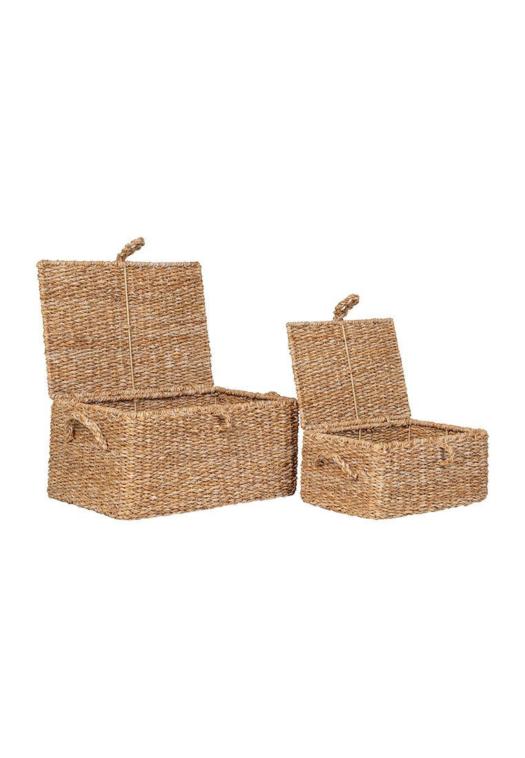 Bacs de rangement tissés en fibres naturelles, avec des formes rectangulaires, couvercles ouverts et poignées latérales. Disponibles en deux tailles, couleur marron clair.