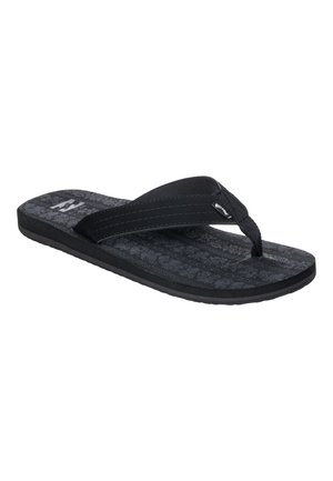 Black flip-flops with a textured floral pattern on the sole, featuring a durable strap and cushioned footbed for comfort.