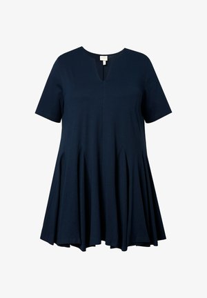 Abito blu navy con maniche corte, scollatura a V e gonna plissettata. Realizzato in tessuto morbido con una silhouette fluida e orlo rotondo.