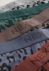Four pairs of shorts with elastic bands in shades of gray, green, brown, and blue, each featuring the brand name "NEXT" prominently.