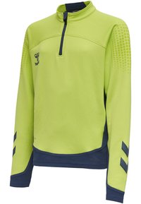 Ljusa limegröna sweatshirt med en kvart zip, marinblå accenter, strukturerad tyg och prickiga mönster på ärmarna. Har en logotyp på bröstet.