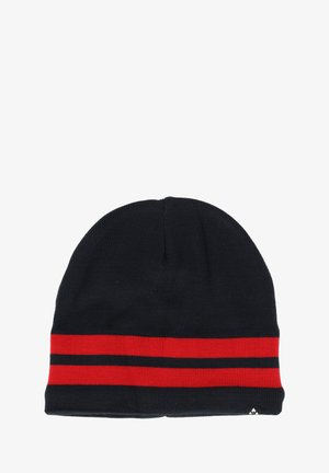 Bonnet en tricot noir avec deux rayures horizontales rouges. Texture douce, sommet arrondi, arborant un petit logo triangulaire noir sur l'ourlet.