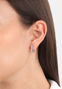 Orecchini a cerchio argentati con un design attorcigliato caratterizzati da piccoli strass trasparenti lungo un lato, scintillanti contro una finitura metallica liscia.