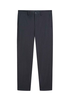 Dunkelgraue, gerade geschnittene Hose aus glattem Stoff. Verfügt über zwei Seitentaschen, einen Knopfverschluss und einen sauberen Taillenbund.