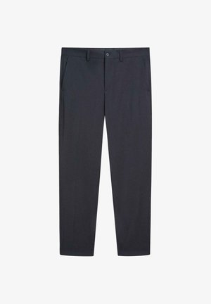 Dunkelgraue, gerade geschnittene Hose aus glattem Stoff. Verfügt über zwei Seitentaschen, einen Knopfverschluss und einen sauberen Taillenbund.