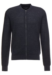 Cardigan a maglia blu navy con scollo rotondo e maniche lunghe, dotato di chiusura frontale con zip e orlo e polsini a costine. Finitura in tessuto testurizzato.