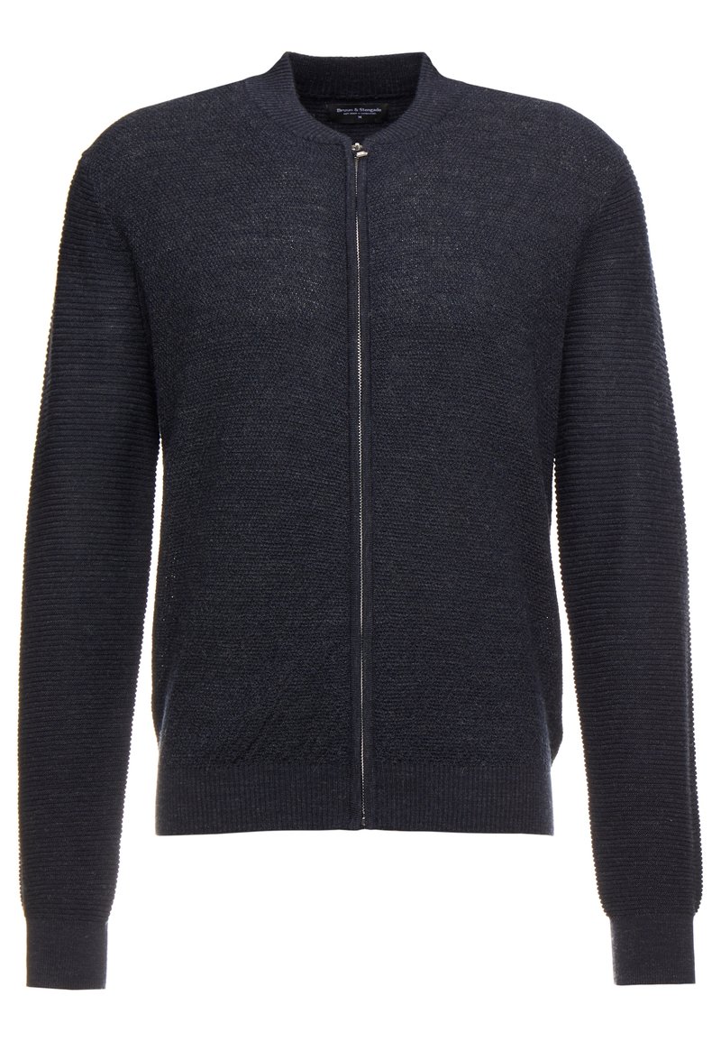 Cardigan a maglia blu navy con scollo rotondo e maniche lunghe, dotato di chiusura frontale con zip e orlo e polsini a costine. Finitura in tessuto testurizzato.