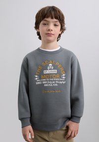 Gray sweatshirt with printed colorful text and graphics, featuring a skull and racing theme. Ribbed cuffs and hem, cotton material.