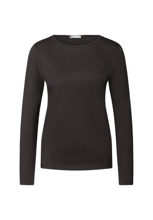 Chemise noire à manches longues réalisée en tissu doux et lisse. Encolure ronde, coupe ajustée, et coutures minimales sans motifs ni graphiques.