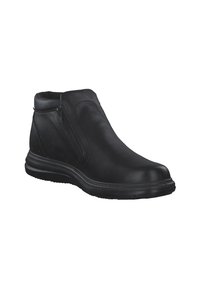 Schwarze Lederstiefeletten mit seitlichem Reißverschluss, runder Zehenpartie, strukturierter Oberfläche und einer strapazierfähigen Gummisohle.