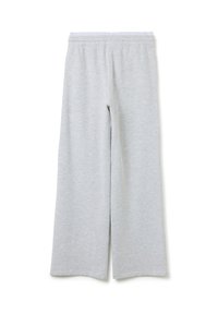 Hellgraue, weit geschnittene Sweatpants aus weichem Stoff. Sie haben einen elastischen Bund und ein einfaches Design ohne Muster oder Akzente.