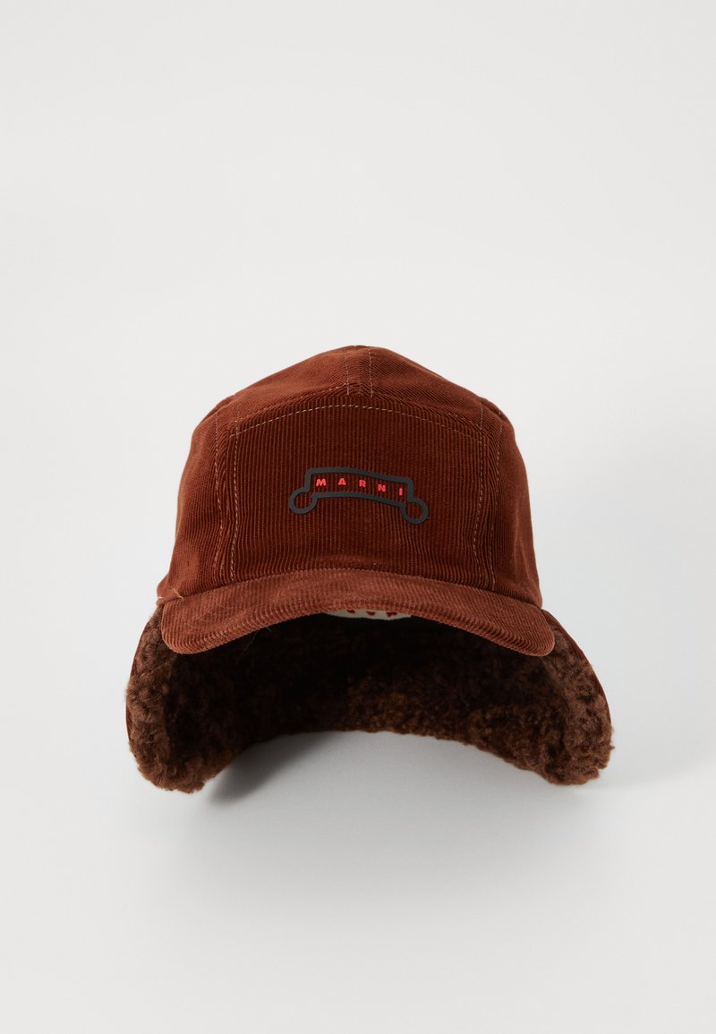 Brown corduroy cap with a soft, brown fleece lining and ear flaps. Features a black and red Marni logo on the front.