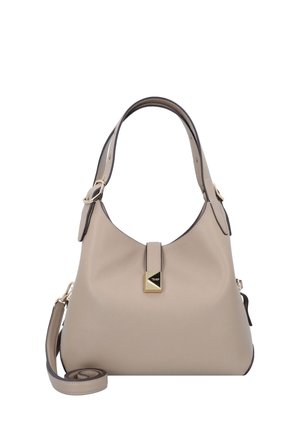 Sac à main en cuir beige avec une poignée supérieure courbée, une fermeture dorée et une bandoulière amovible, présenté sur un fond blanc.